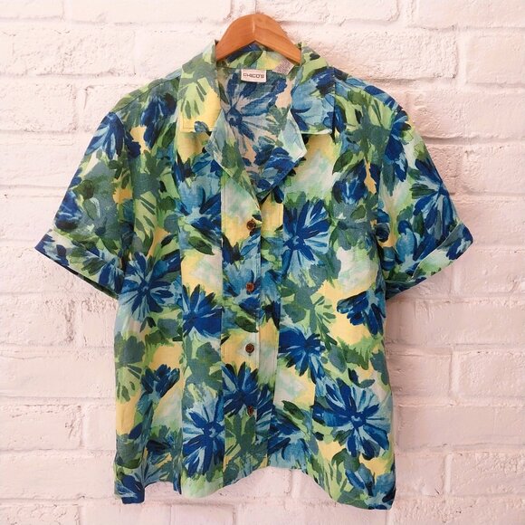 Chico's Tops - CHICOS 3 100% Linen Top Shirt XL 16 Button Down Blue Green Yellow Floral Colorfu